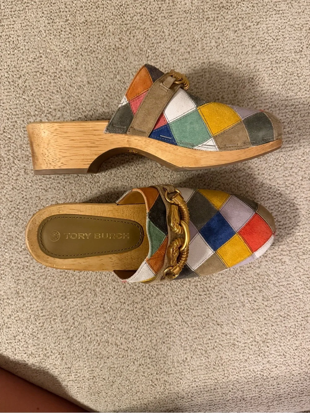 Tory Burch Jessa Patchwork Suede Clog Sandals Size 9